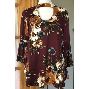 Sweet Pea Flared Sleeves Blouse Women's M Burgundy Floral Cut Out Boho Rmantic